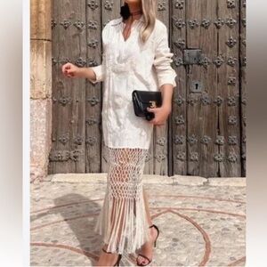 ZARA Ecru Cream Floral Embroidered Macrame Fringe Dress